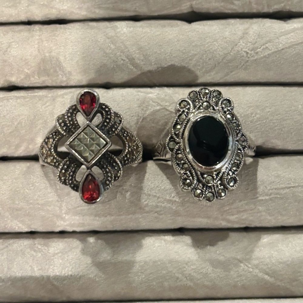 Elegant Silver and Red Gemstone Ring Set